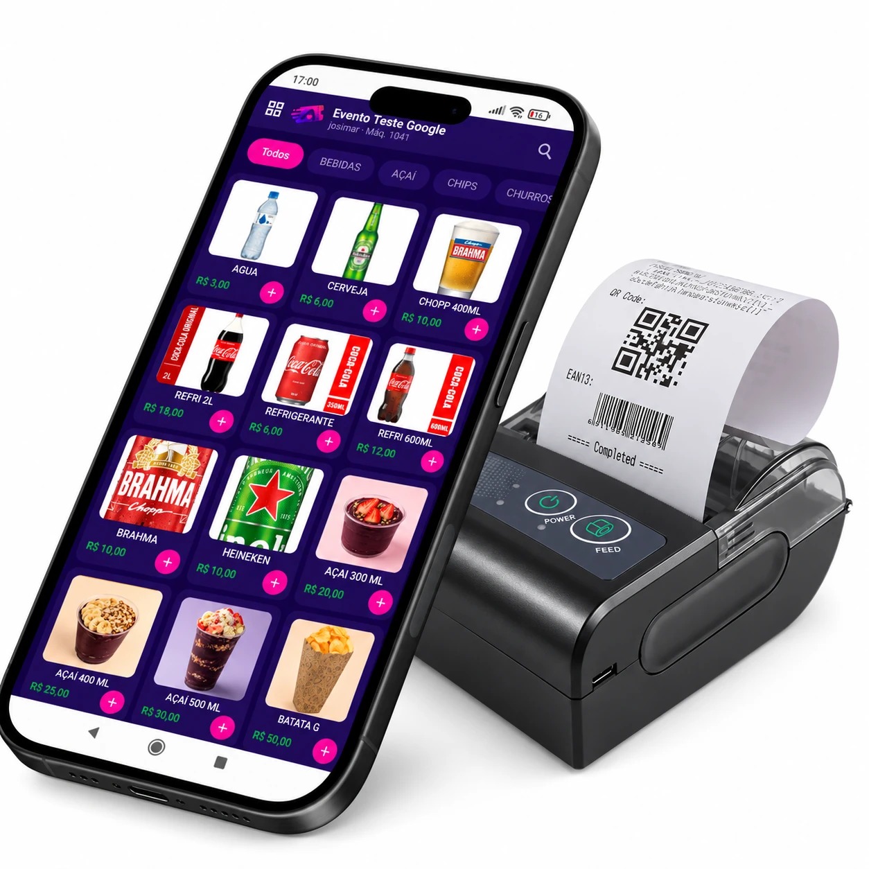 Celular com a tela de vendas do aplicativo Ame Ticket ao lado da impressora térmica imprimindo o ticket